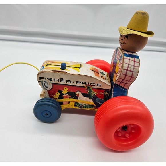 Vintage Fisher Price Farmer Tractor Pull Toy Wooden Toy Farm Animals - Picture 1 of 9